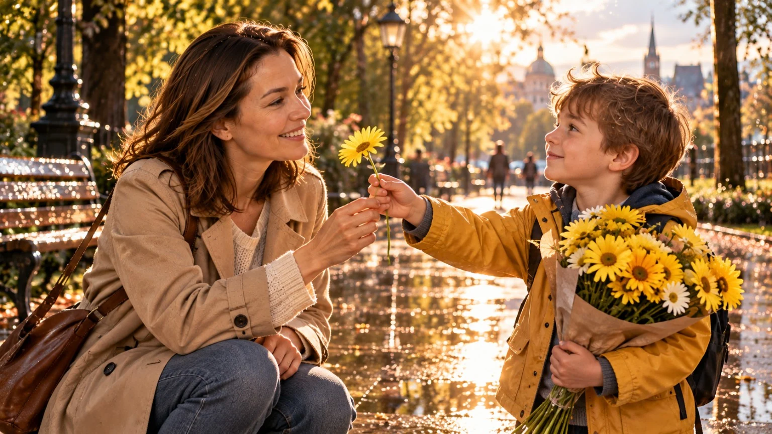 A child gives Emma a yellow daisy in a sunlit park