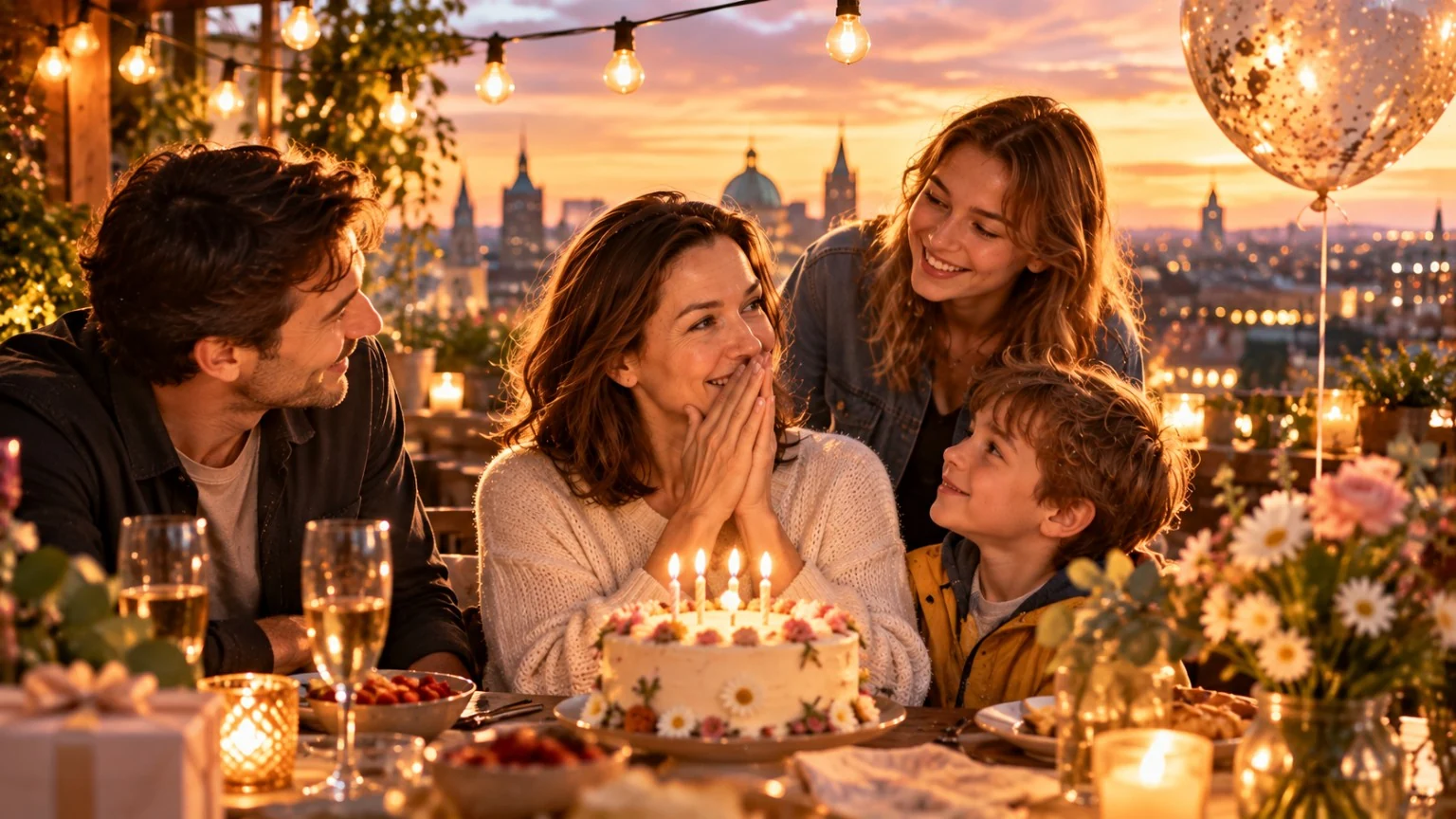 Emma is surprised by friends at a small rooftop birthday celebration