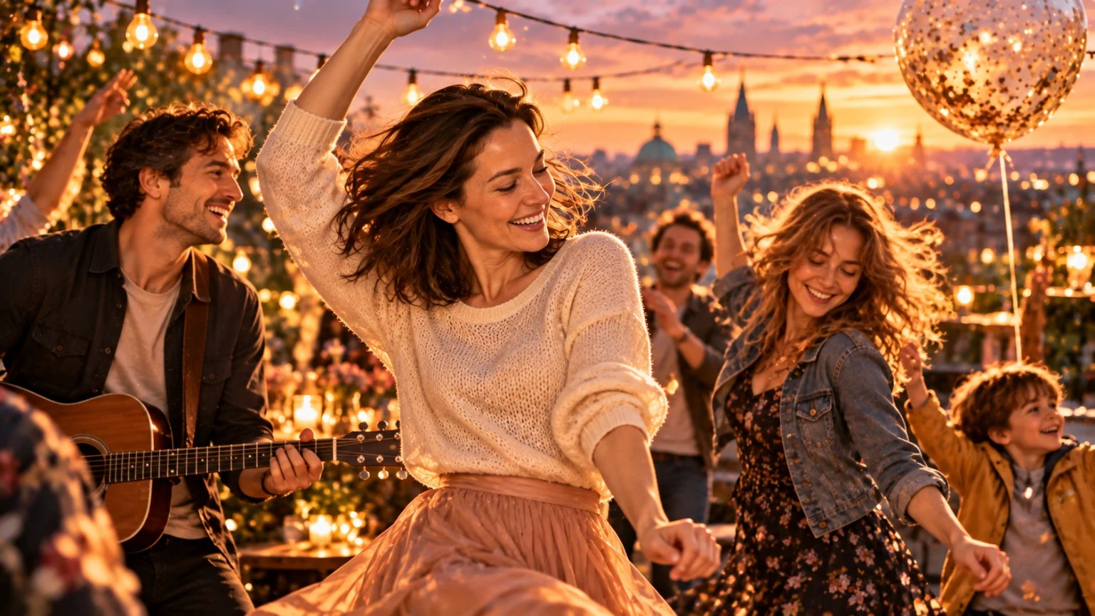 Emma and Sophie dance joyfully at a rooftop birthday party